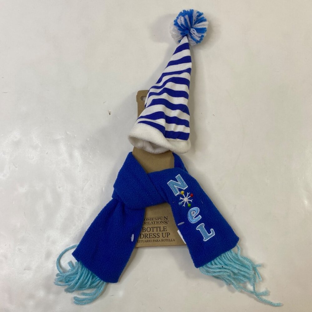 Homespun Creations Blue Noel Scarf Hat Wine Beer Bottle Dress Up Gift Hostess